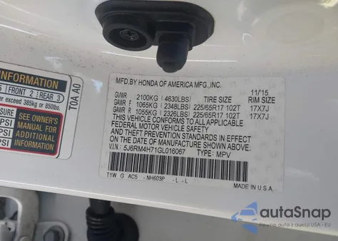 2016 Honda Cr-V Ex-L из США, поврежденный, VIN 5J6RM4H71GL016067